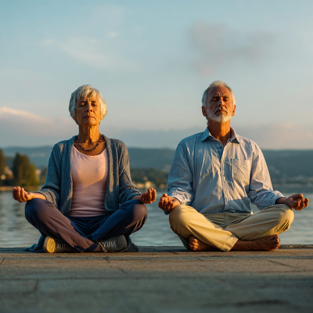 Senior man and woman practicing mindful yoga meditation in serene natural environment