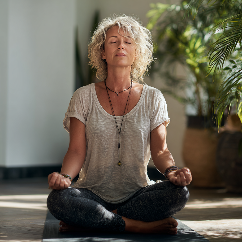 Woman in her forties practicing gentle yoga poses in peaceful indoor setting